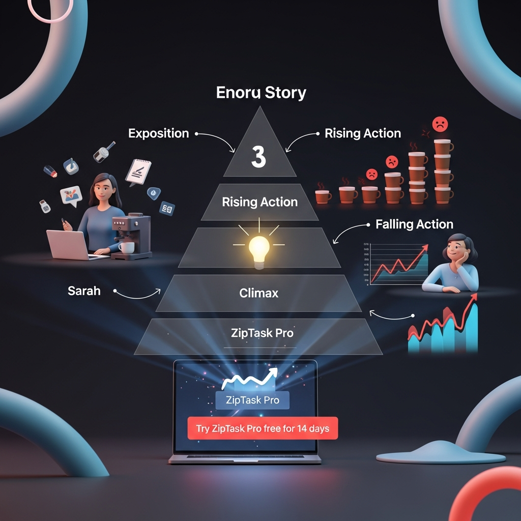 Visual story arc diagram overlaid on an email storyboard: a five-stage Freytag’s Pyramid featuring Exposition (scene of Sarah juggling three side hustles), Rising Action (coffee cups stacking, frustration icons), Climax (lightbulb moment as Sarah discovers ZipTask Pro on a laptop screen), Falling Action (graphs trending upward, relaxed posture), and Resolution with a bold “Try ZipTask Pro free for 14 days” button.