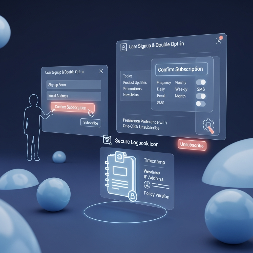 A multi-stage email subscriber compliance workflow: show a user signing up and clicking a confirmation link (double opt-in), selecting granular preferences (topics, frequency, channels), visiting a preference center with one-click unsubscribe, a secure logbook icon capturing consent details (timestamp, IP, policy version), a filter removing inactive subscribers, and an archive symbol for data retention policies—all connected by a clean, modern flowchart design.