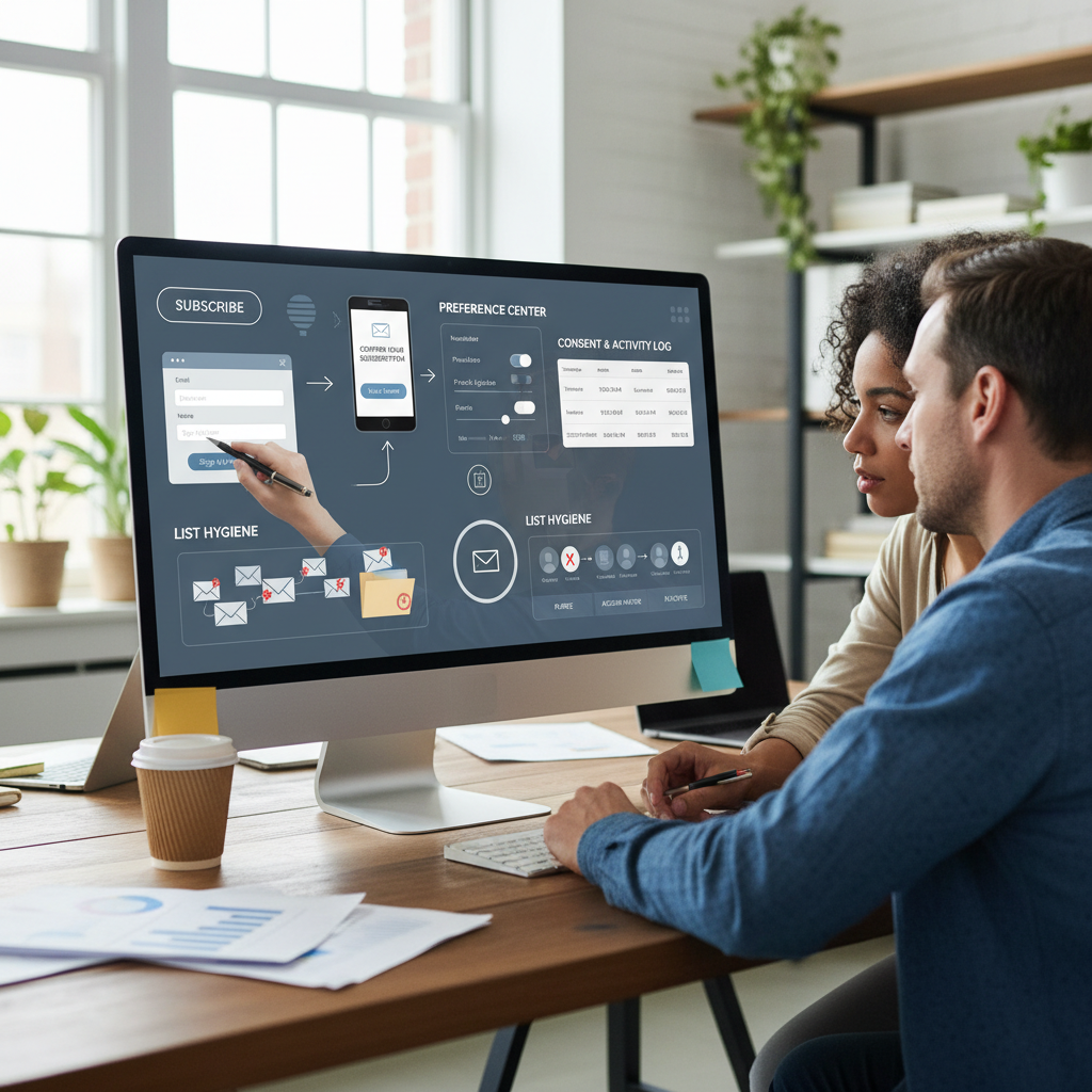 A detailed infographic of a compliant email list workflow: visualize a subscriber signup form leading to a double opt-in confirmation email, branching into a granular preference-center UI (topic and frequency toggles), a one-click unsubscribe button, a secure consent & activity log dashboard (with timestamps and IPs), and routine list-hygiene actions (bouncing email icons being purged and inactive contacts being archived).