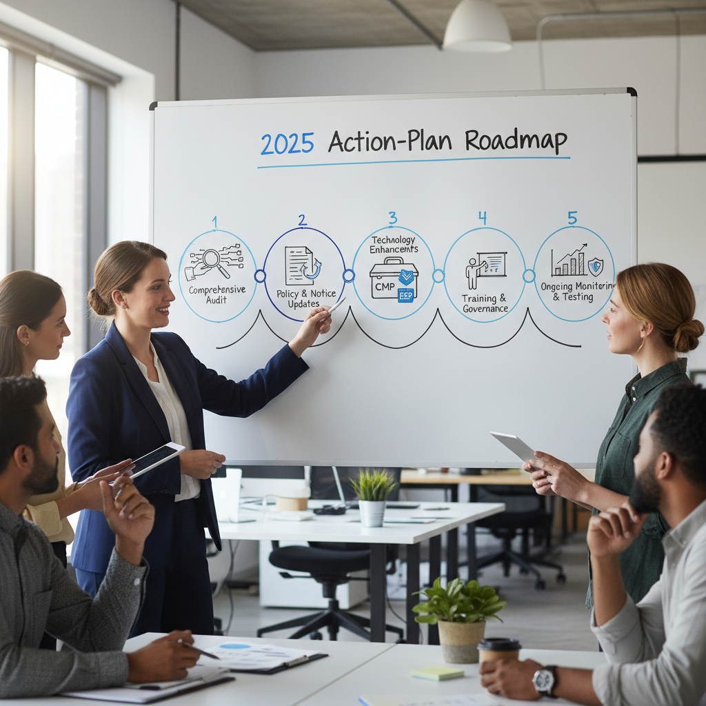 A 2025 action-plan roadmap illustration: five sequential milestones on a stylized timeline—(1) Comprehensive Audit with a magnifying-glass over data flows, (2) Policy & Notice Updates showing a document with a refresh icon, (3) Technology Enhancements featuring a toolbox of CMP and ESP logos, (4) Training & Governance depicted by a classroom or workshop icon with a presentation board, and (5) Ongoing Monitoring & Testing represented by a dashboard with analytics graphs and a shield.