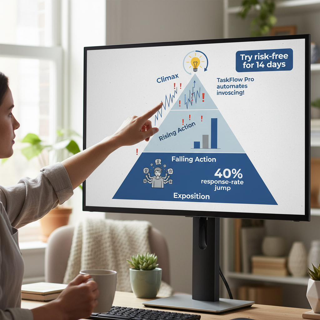 An infographic-style visual of an email story arc built on Freytag’s Pyramid. At the base, label “Exposition” with an icon of a freelancer overwhelmed by tasks; above it, “Rising Action” showing stacked bullet points and mounting tension; at the peak, “Climax” with a lightbulb moment as TaskFlow Pro automates invoicing; then “Falling Action” featuring a bar chart of a 40% response-rate jump; and at the top right, “Resolution & CTA” with a bold ‘Try risk-free for 14 days’ button.