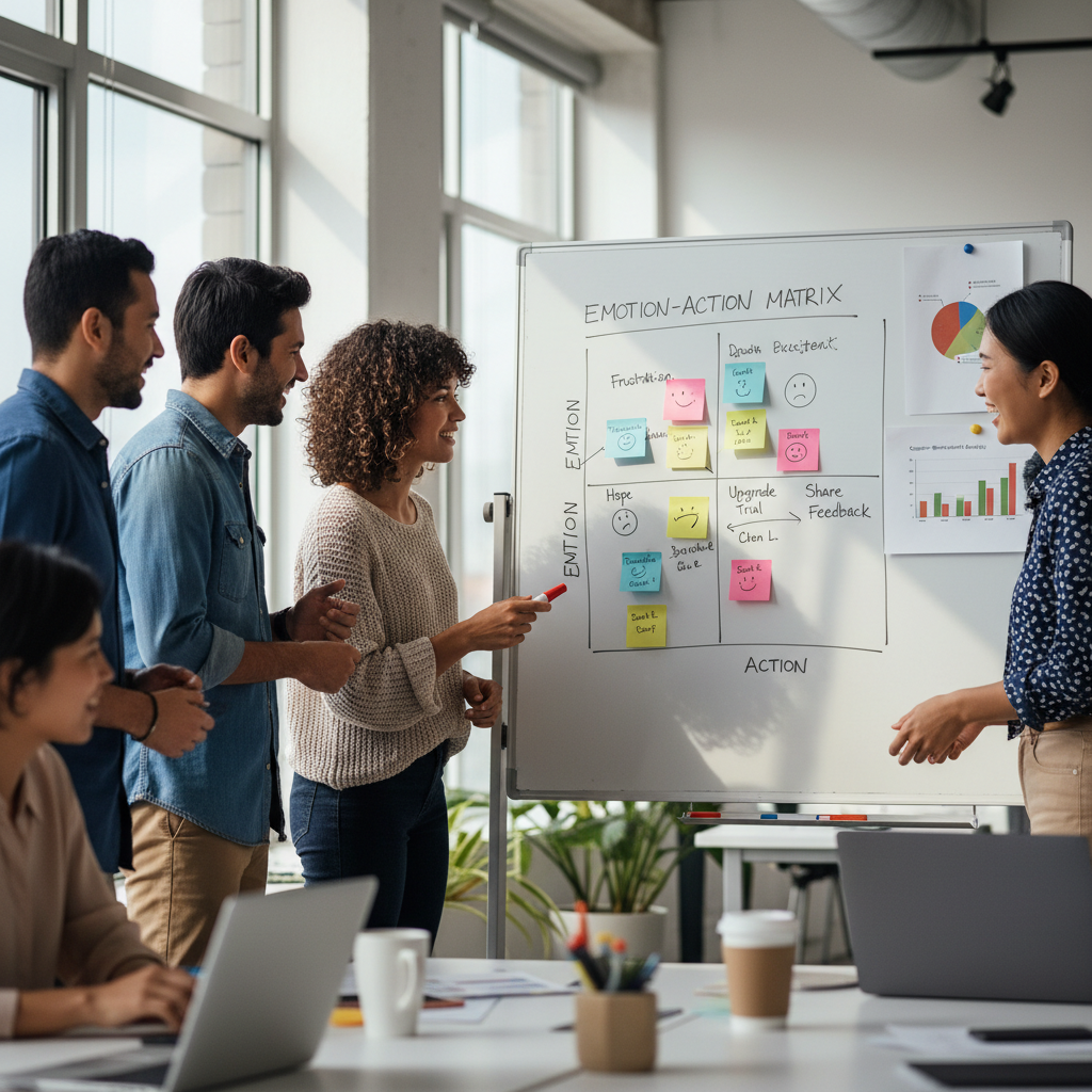 A dynamic office scene where a diverse marketing team gathers around a large whiteboard, sketching out a two-axis “Emotion-Action Matrix.” On the vertical axis are emotions like frustration, hope, and excitement; on the horizontal axis are actions like downloading a guide, upgrading a trial, and sharing feedback. Include personas—post-it notes with names and faces—and data charts pinned nearby to show quantitative and qualitative insights feeding into the matrix.