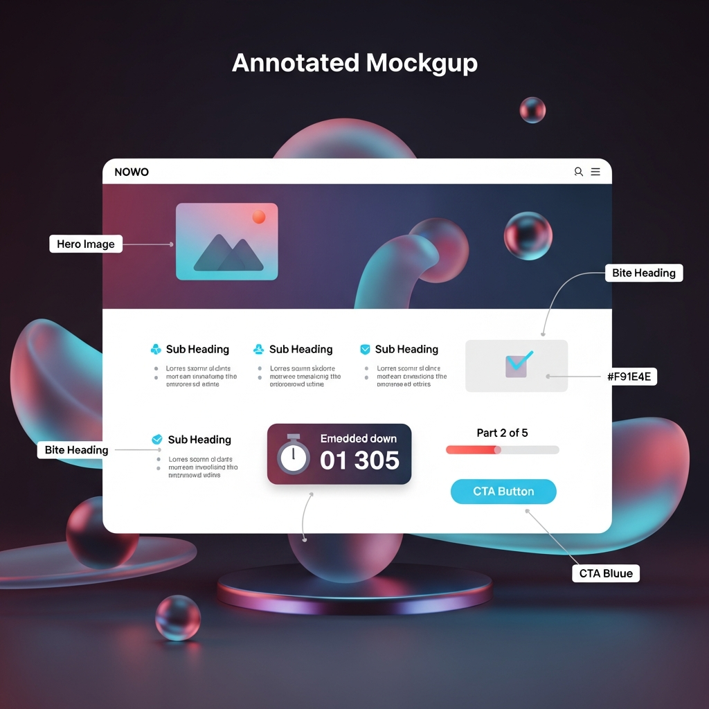 Annotated email design mockup: a clean email layout showcasing a vibrant hero image at the top, bite-sized scannable copy blocks with subheadings and bullet icons, an embedded GIF thumbnail (countdown timer style), a “Part 2 of 5” progress indicator bar, and a prominent high-contrast CTA button—each element labeled to illustrate narrative flow.