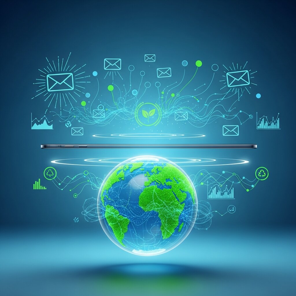 Laptop over globe with email icons, showing digital impact.