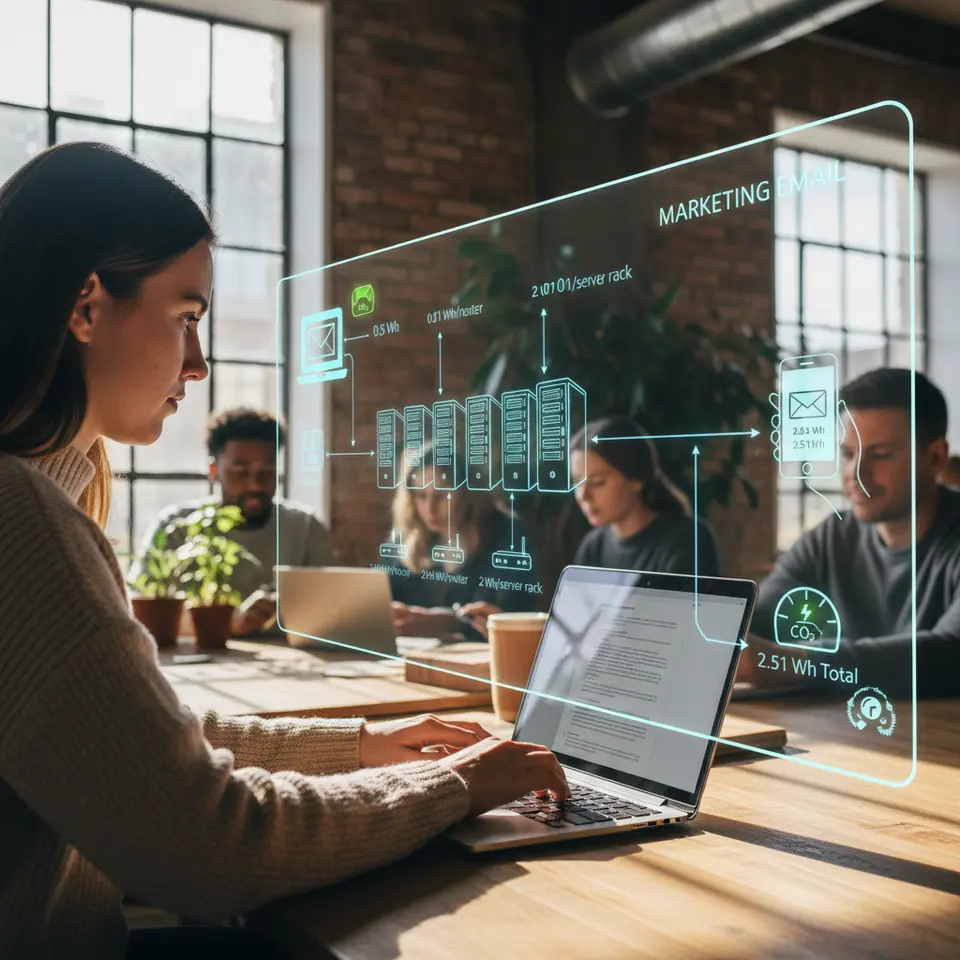 An infographic depicting the environmental footprint of a single marketing email: starting at a sender’s laptop, the message travels through network routers and global data center racks, then appears on a smartphone—each stage annotated with electricity meters, CO₂ emission icons, and data packet flows to illustrate cumulative energy use.