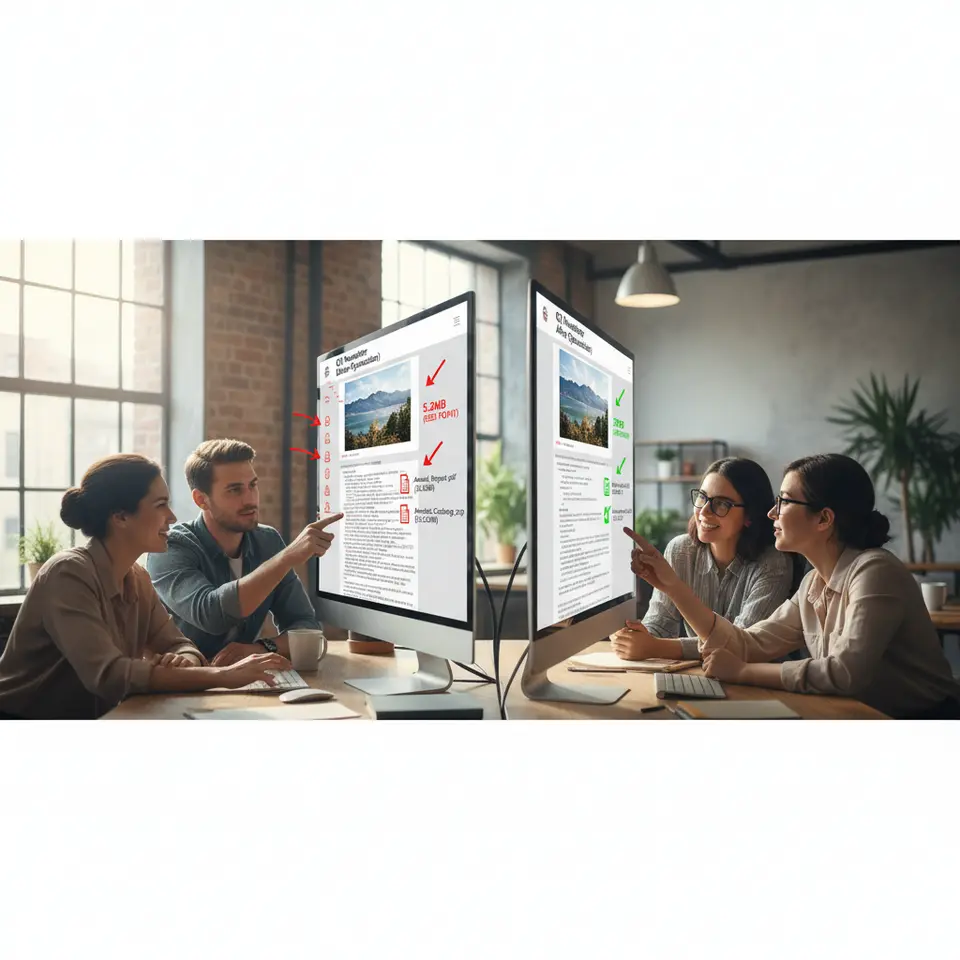 A side-by-side comparison of email templates before and after optimization: the left panel shows a bulky email with oversized JPEG images, long HTML code and large attachments (highlighted in red), while the right panel displays the lean version with compressed WebP/AVIF images, stripped-down HTML, lazy-loaded elements and green checkmarks indicating reduced file size.