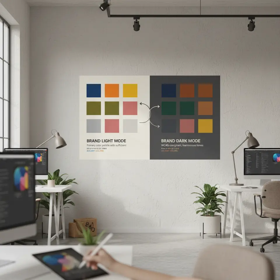 Dual-palette color scheme diagram: a grid of original brand color swatches on a light background mapped via arrows to their harmonious dark-mode counterparts on a charcoal backdrop, paired with sample headings and body text in off-white and accent tones, illustrating WCAG-compliant contrast and a coherent dark-mode palette