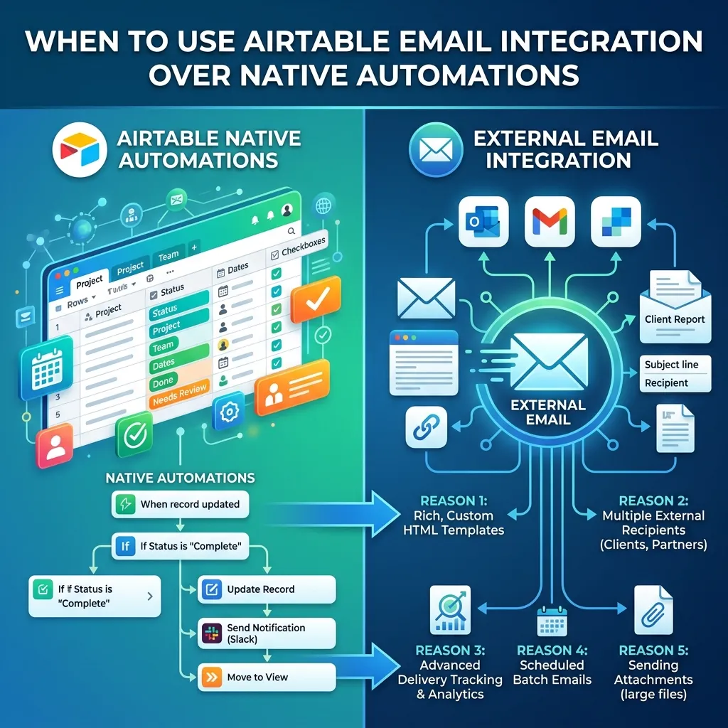 When should you use an Airtable email integration instead of native automations